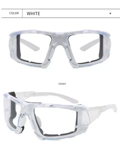 Witte beschermende veiligheidsbril met stootvaste en krasbestendige constructie voor werk.