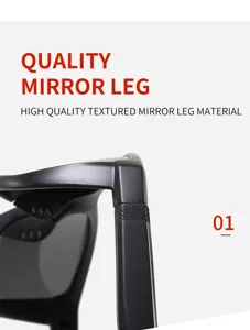 Detail shot of black polarized sunglasses featuring textured mirror leg material for outdoor use.