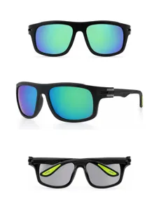 Detail view of sports cycling sunglasses with reflective lenses and neon green accents.