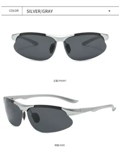 Detailed view of men's polarized aluminum magnesium sunglasses in silver gray frame.