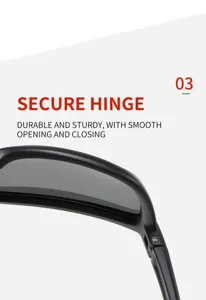 Sunglasses detail shot showing the durable and sturdy secure hinge mechanism for smooth opening.