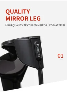 Polarized windproof sunglasses temple detail showing premium textured mirror leg material.