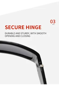 Close-up detail of durable black sunglasses hinge, showing smooth and sturdy mechanical design.