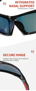 Closeup detail of sports sunglasses featuring integrated nasal support and a secure durable hinge.