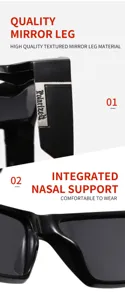 Polarized sunglasses detail view showing textured mirror leg and integrated nasal support.