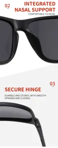 Detailed view of sunglasses showing comfortable integrated nasal support and secure durable hinge.
