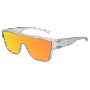 Große Überzieh-Sonnenpolarisationsbrille mit transparentem Graurahmen und Orangelinsen.