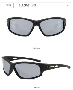 Polarized sports sunglasses for outdoor fishing, cycling and driving with black silver frame.
