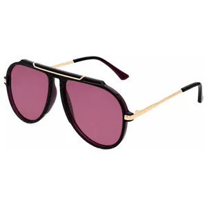 Trendy aviator sunglasses for men and women with purple lenses and black gold frames.