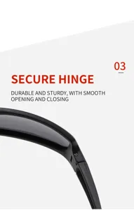 Polarized sports sunglasses detail shot showing durable hinge and sturdy temple connection.