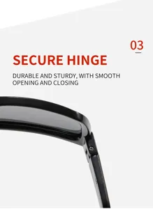 Detail view of durable and secure sunglasses hinge, featuring smooth opening and sturdy black frame.