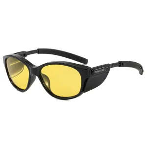 Polarized windproof fishing sunglasses with yellow lenses, adjustable temples for driving.