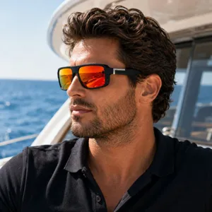 Occhiali da sole sportivi polarizzati da uomo con lenti specchiate rosse e montatura.