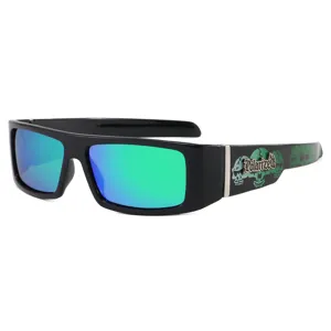 Men's polarized sunglasses with green reflective lenses and gothic skull temples for outdoor driving.