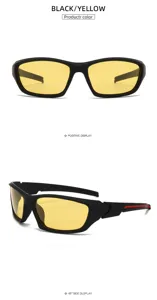 Detailed view of polarized sports cycling sunglasses with black frame and yellow lenses.