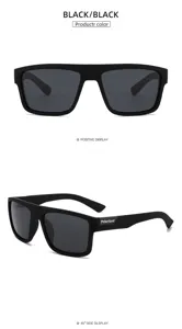 Black frame polarized sunglasses detail view, UV protection outdoor driving eyewear.