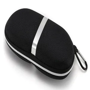 Close-up detail of the portable black hard shell sunglasses case with secure zipper and hook.