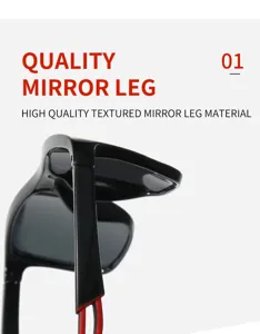 Detailed view of high quality TR polarized sunglasses mirror leg with black textured material.