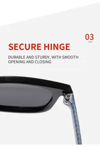 Vue rapprochée de la charnière de lunettes de soleil durable avec ouverture et fermeture fluides.