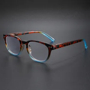 Anti-blue light reading glasses with stylish tortoise shell frame and gradient temples.