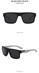Detailed view of large frame polarized sunglasses with black matte frame and grey textured temples.