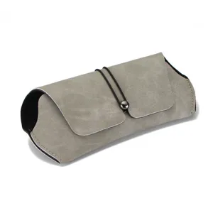 Grey PU leather sunglasses case with elastic cord closure, portable soft protective holder.