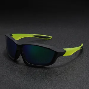 Outdoor cycling polarized sunglasses with black frame and neon green temples for fishing.