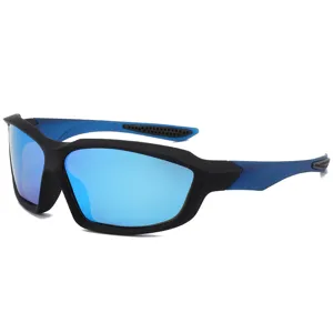 Polarized sports sunglasses for outdoor cycling and fishing with blue lenses and black frame.