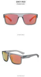 Detailed close-up view of grey frame polarized sunglasses featuring red reflective lenses.