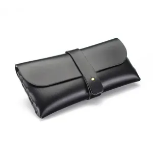 Black leather sunglasses case with snap button closure, elegant protective storage box for men.