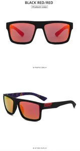 Detailed view of large frame polarized sunglasses with red reflective lenses and black matte finish.
