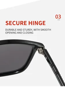 Gros plan de lunettes de soleil noires montrant une charnière métallique solide et durable.