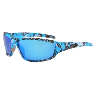 Unisex polarized sports cycling sunglasses with cool blue camo frame for outdoor fishing activity
