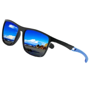 Polarized sports sunglasses with black TR frame and blue reflective lenses for outdoor hiking
