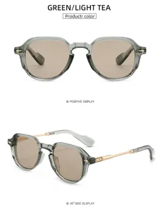 Detailed view of retro polygonal green frame sunglasses with light tea lenses and metal temples.
