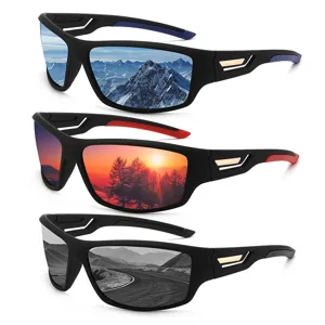 Outdoor polarized sports sunglasses with UV protection, classic black frames, stylish design.