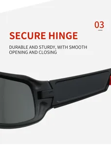 Detailed view of the durable secure hinge on black outdoor sports cycling sunglasses.