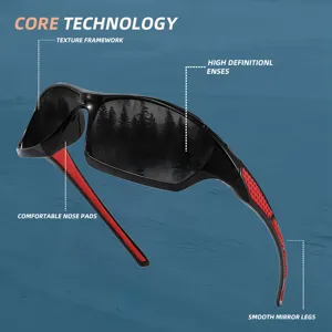 Lunettes de soleil polarisées pour cyclisme pêche avec verres sombres et détails rouges.