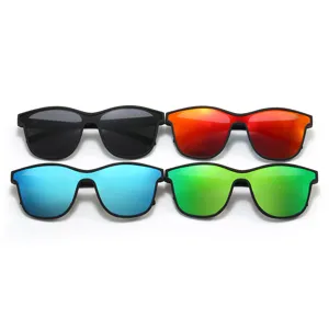 Outdoor polarized sunglasses set with four vibrant mirror lens color options for sports.