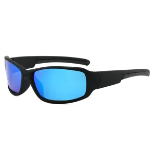 Men's sports polarized sunglasses with blue reflective lenses and black frame for outdoor cycling.