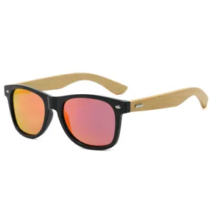 Retro bamboo sunglasses for men and women, vintage black frame with reflective red lenses.