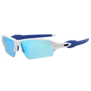 Outdoor UV protection sports sunglasses with white frame and blue mirror lenses for cycling.