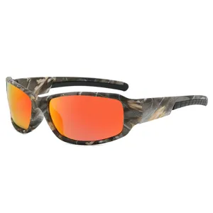 Men's polarized sports sunglasses with camo frame and orange reflective lenses for outdoor hiking.