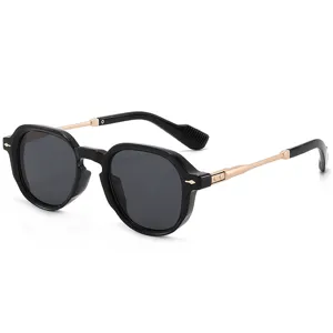 Vintage retro sunglasses for men and women stylish black frame with gold metal temples main image