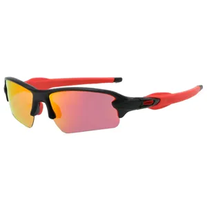 Outdoor sports sunglasses with UV protection, stylish black frame and red reflective lenses.