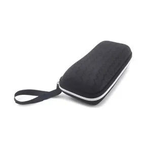 Portable black hard shell glasses case with woven texture and zipper closure design.