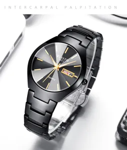 Orologio al quarzo nero da uomo con indici dorati, cinturino in acciaio e funzione data.