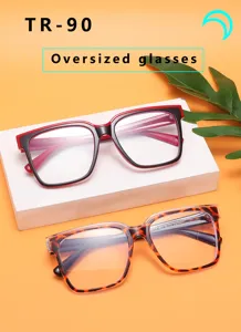 Detailed view of oversized TR90 anti-blue light glasses with stylish square colorblock frames.