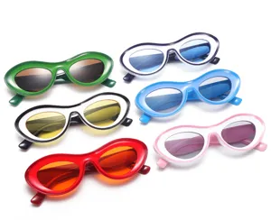 Detailed view of trendy color-matching oval sunglasses for men and women, stylish eyewear.