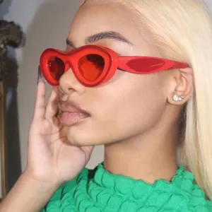 Trendy red oval sunglasses for women and men, retro chunky frame sunnies for daily street style.